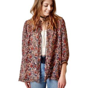 Gimmicks by BKE Blouse Size Medium Floral Open Front Cardigan Tassel Tie Boho